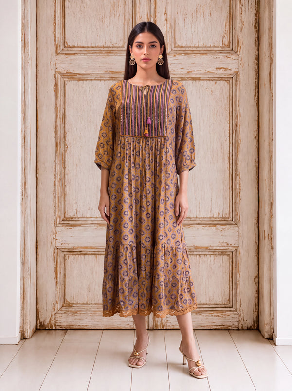 Mustard crepe khat-embroidered tassel-detailed fusion dress