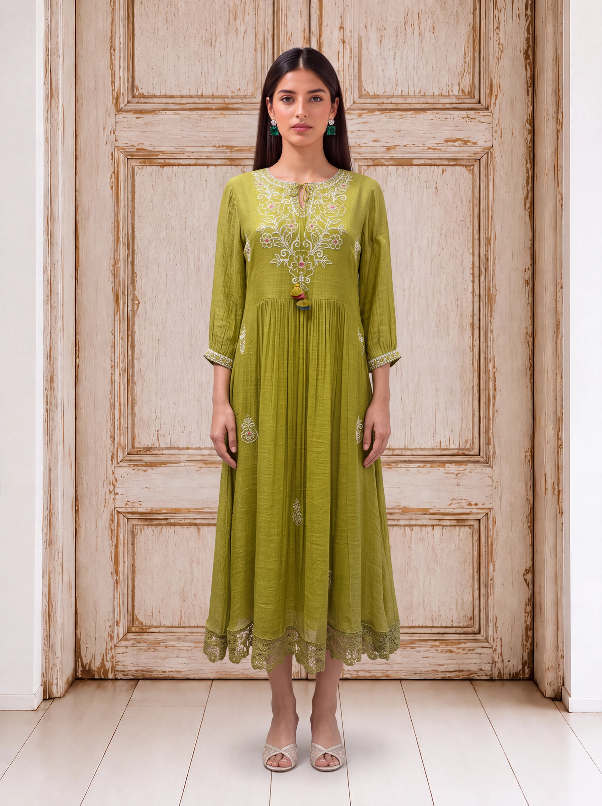 Olive viscose embroidered and lace-detailed fusion dress Main image