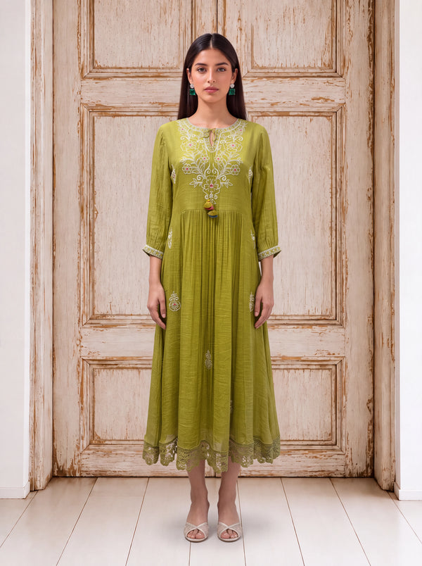 Olive viscose embroidered and lace-detailed fusion dress