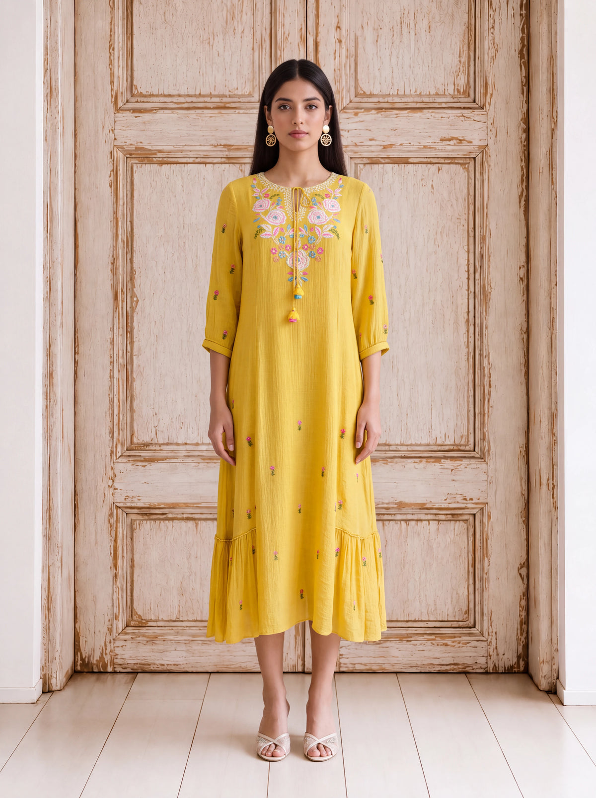 Yellow viscose machine-embroidered fusion dress