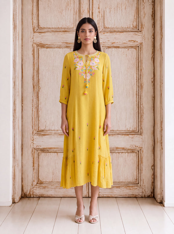 Yellow viscose machine-embroidered fusion dress
