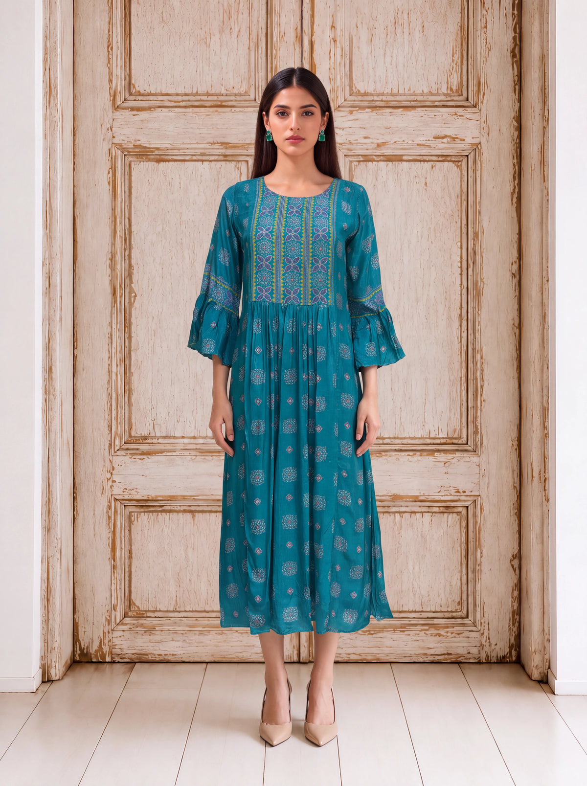 Teal crepe printed dress with hand sequins embroidery Main image