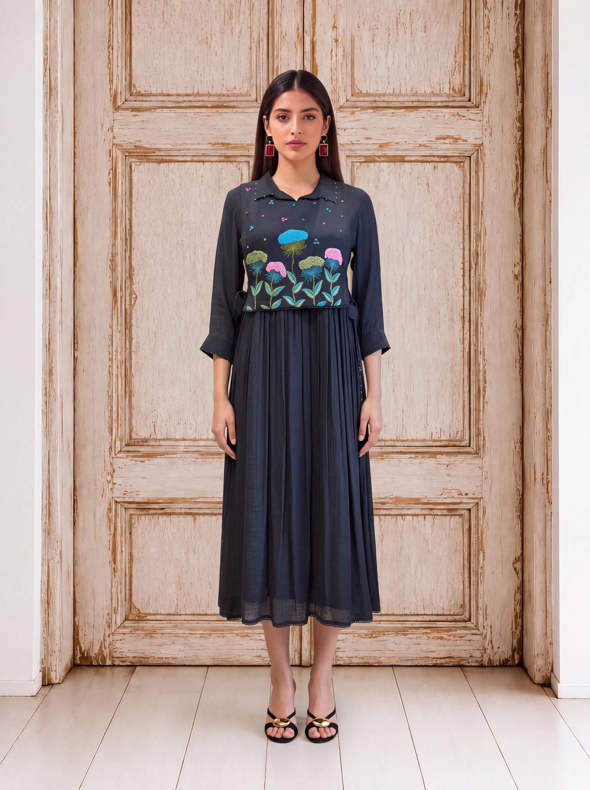 Black viscose khat-embroidered layered coat-style fusion dress