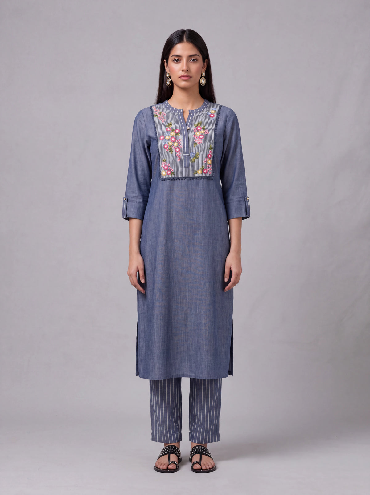 Blue cotton thread embroidery kurta set