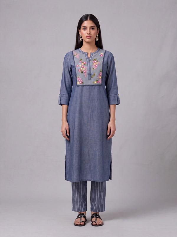 Blue cotton thread embroidery kurta set