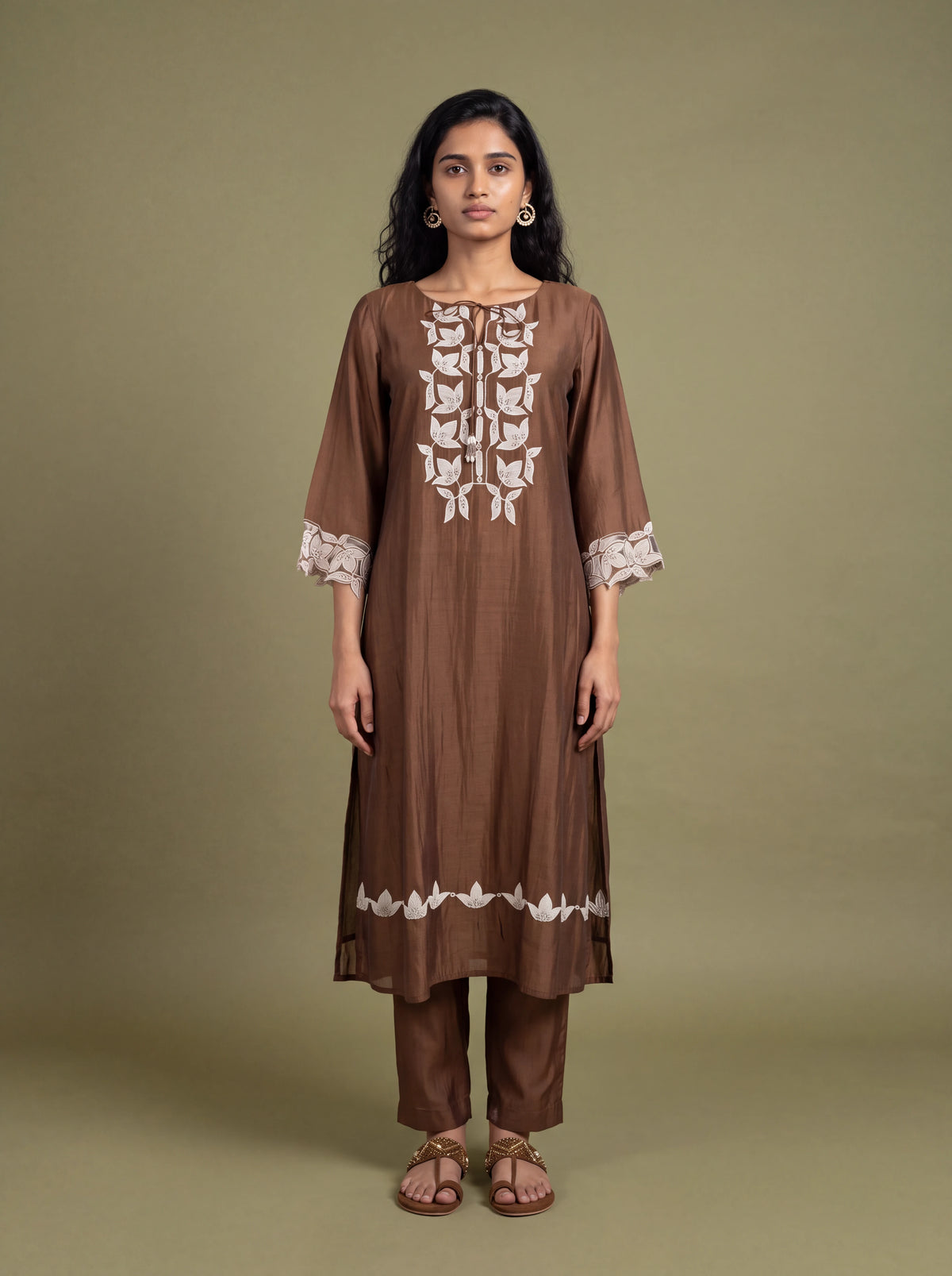 Brown chanderi patch work and sequins embroidery kurta set