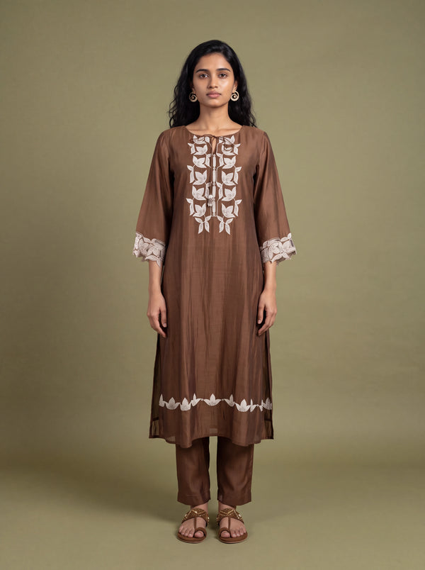 Brown chanderi patch work and sequins embroidery kurta set
