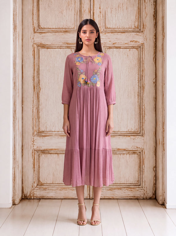 Peach viscose floral khat-embroidered tiered fusion dress