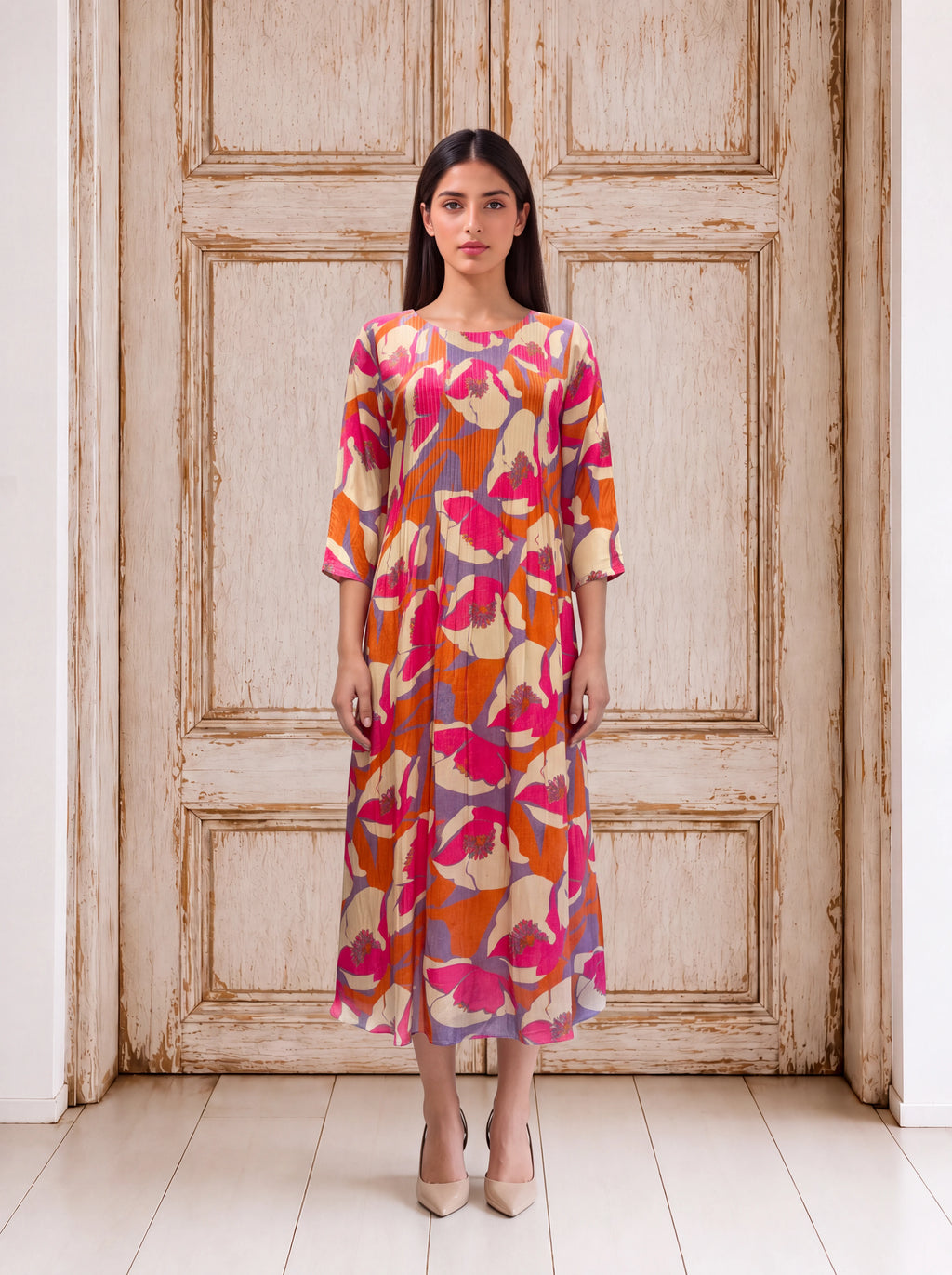 Orange crepe abstract floral pleated fusion dress