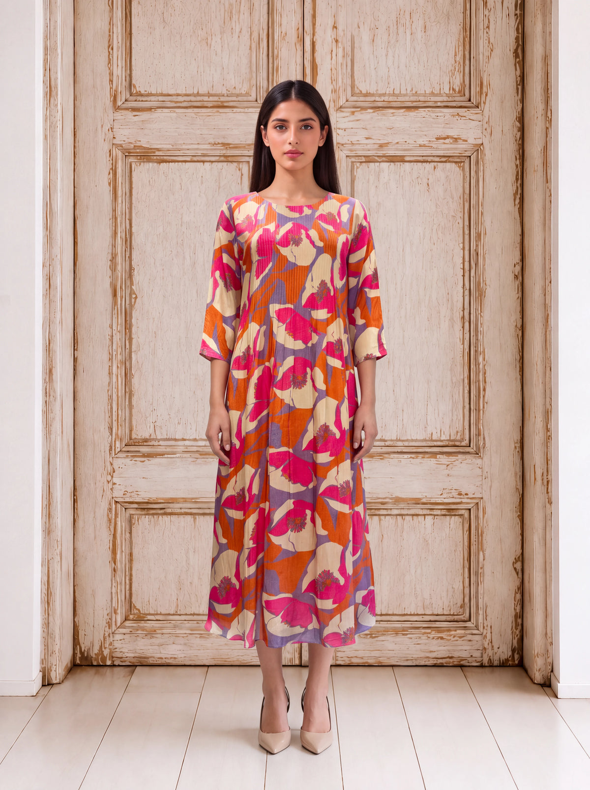 Orange crepe abstract floral pleated fusion dress