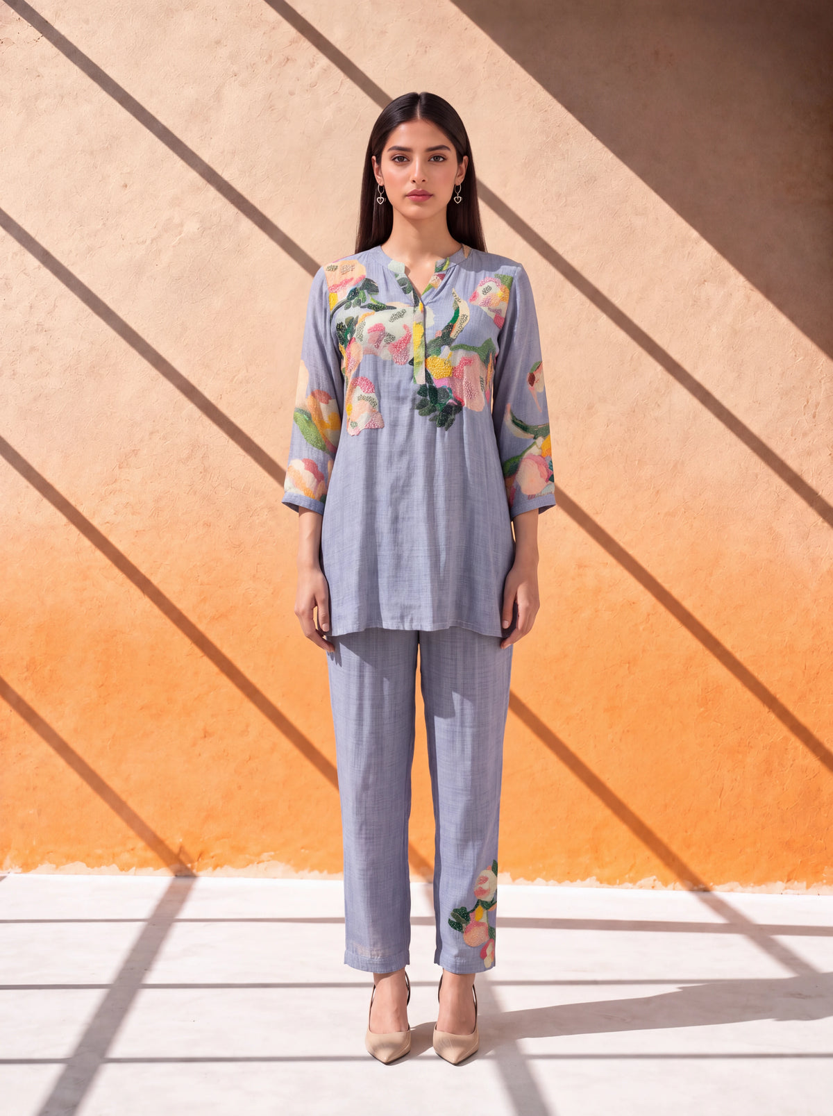 Blue cotton-silk coordinate set with floral khat and kardana embroidery Main image