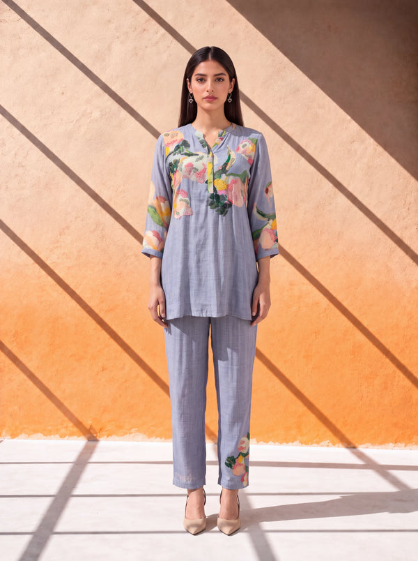 Blue cotton-silk coordinate set with floral khat and kardana embroidery