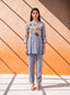 Blue cotton-silk coordinate set with floral khat and kardana embroidery