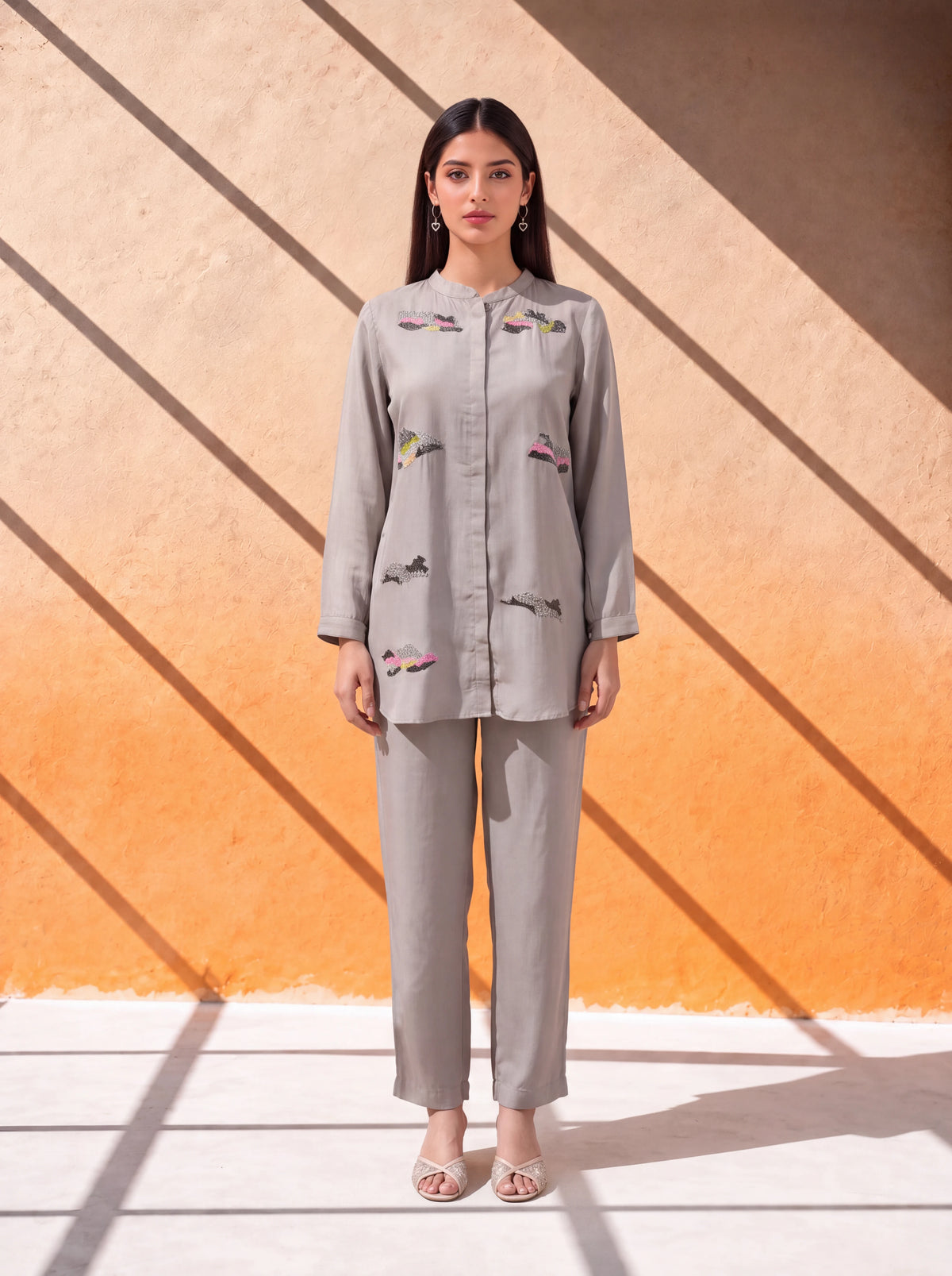 Grey modal coordinate set with multicoloured khat embroidery Main image