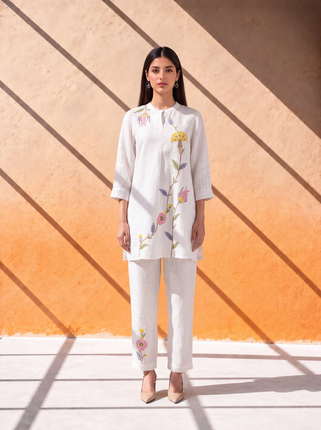 White linen coordinate set with floral machine and khat embroidery