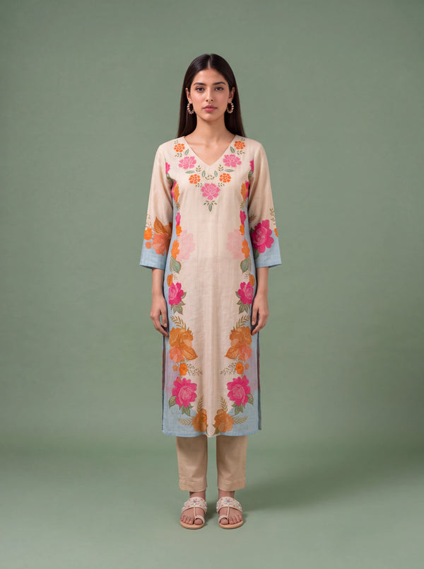 Ivory cotton kurta set with floral print and machine embroidery