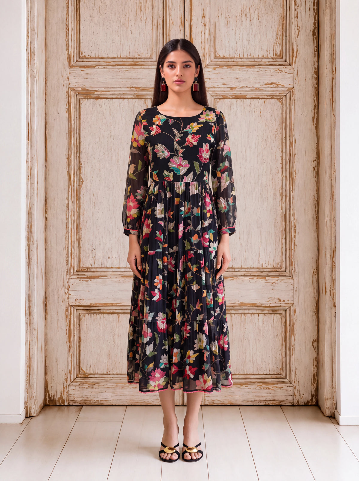 Black georgette floral khat-embroidered tiered fusion dress Main image