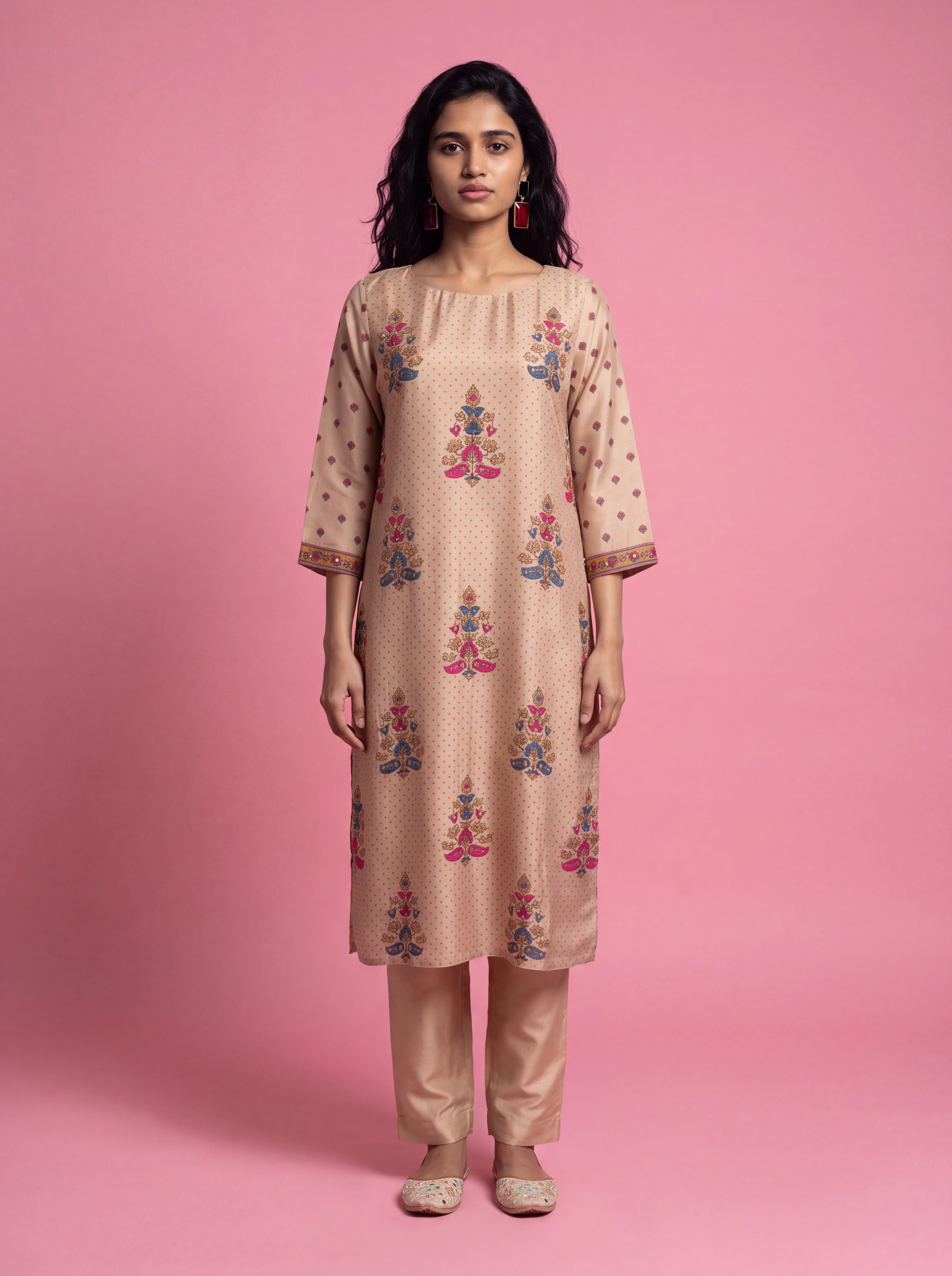 Beige semi tussar hand embroidery and printed salwar suit Secondary image