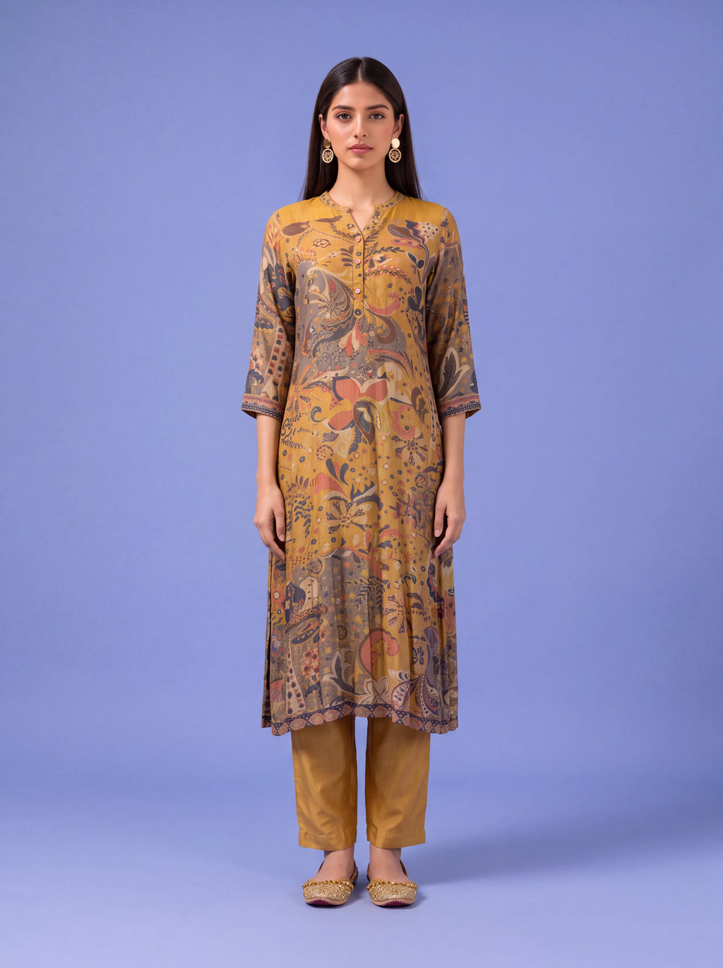 Mustard cotton silk salwar suit with sequins and thread embroidery