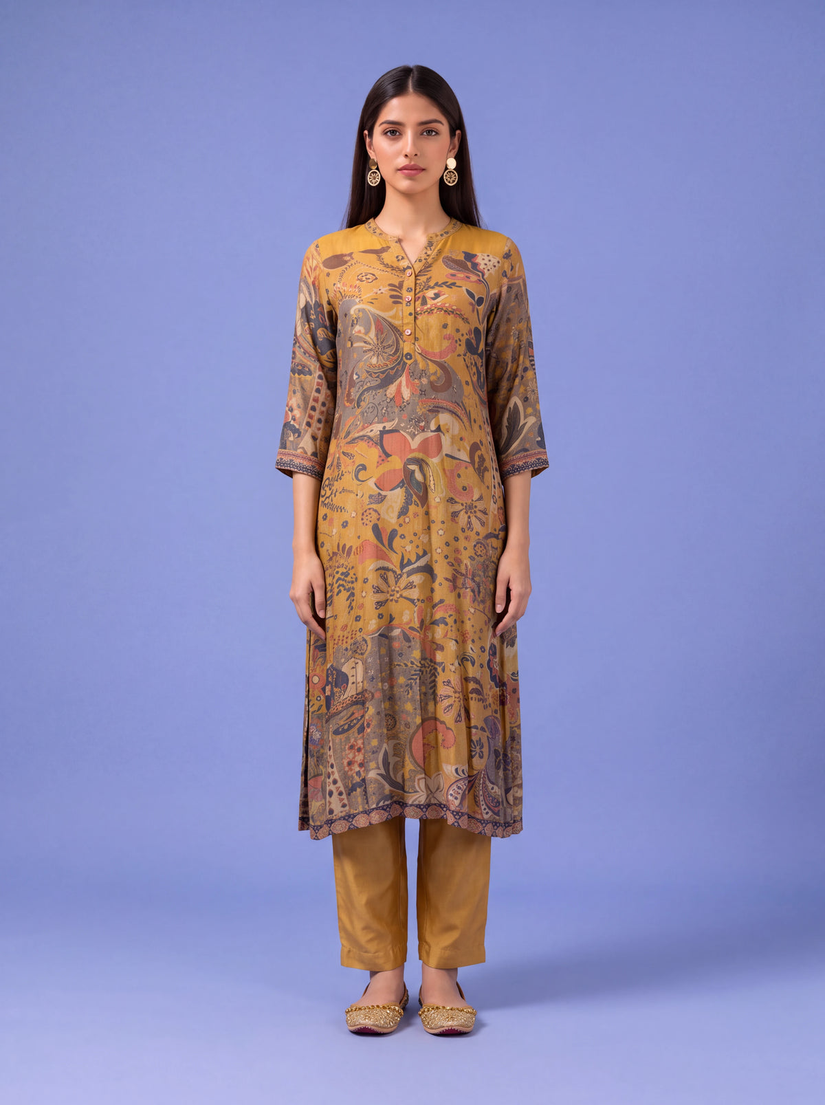 Mustard cotton silk salwar suit with sequins and thread embroidery