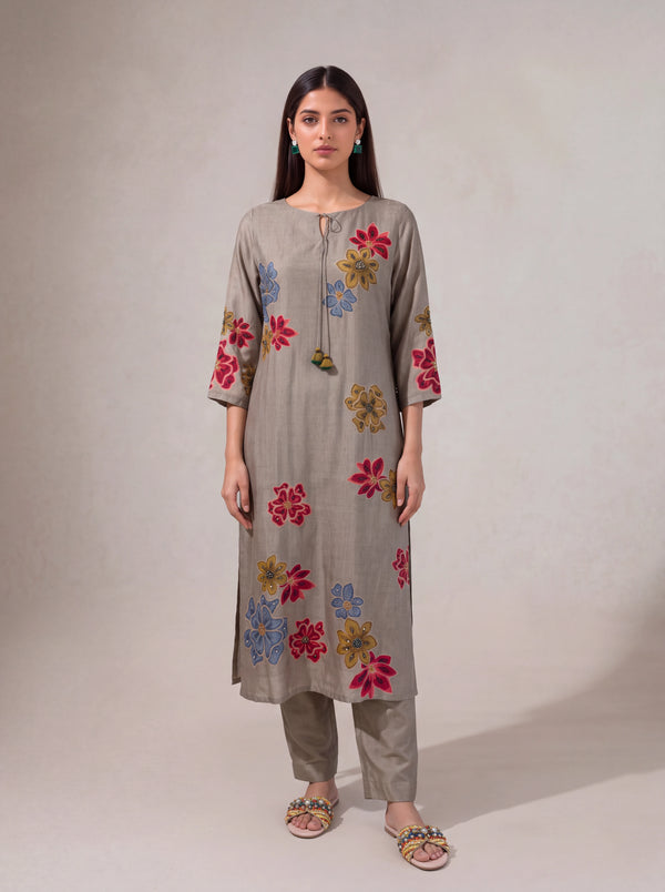 Beige semi tussar salwar suit with hand sequins embroidery