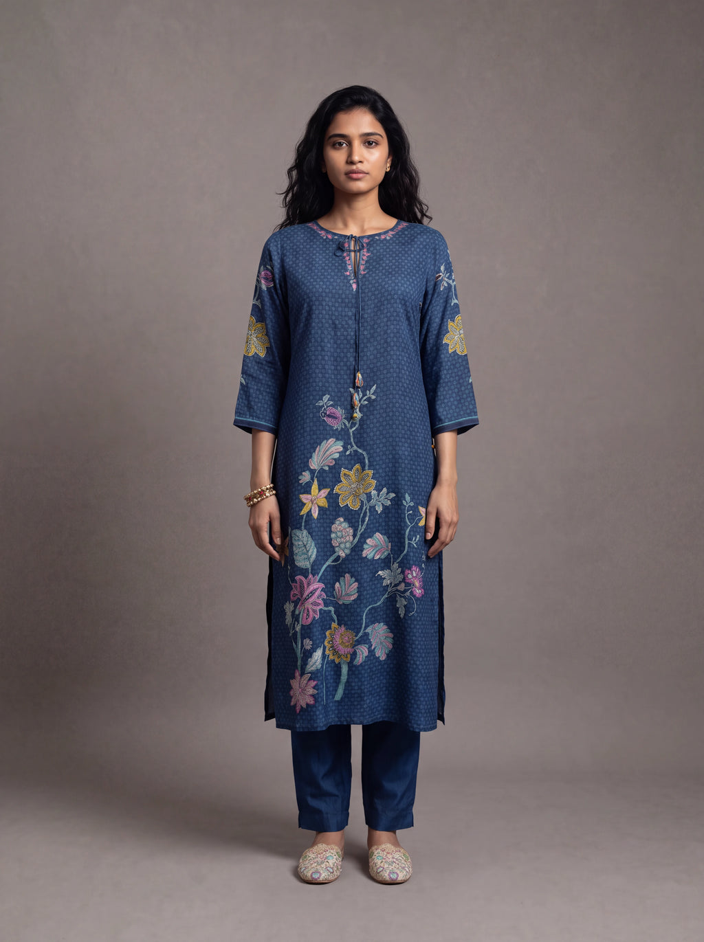 Navy blue semi tussar suit with patch work embroidery