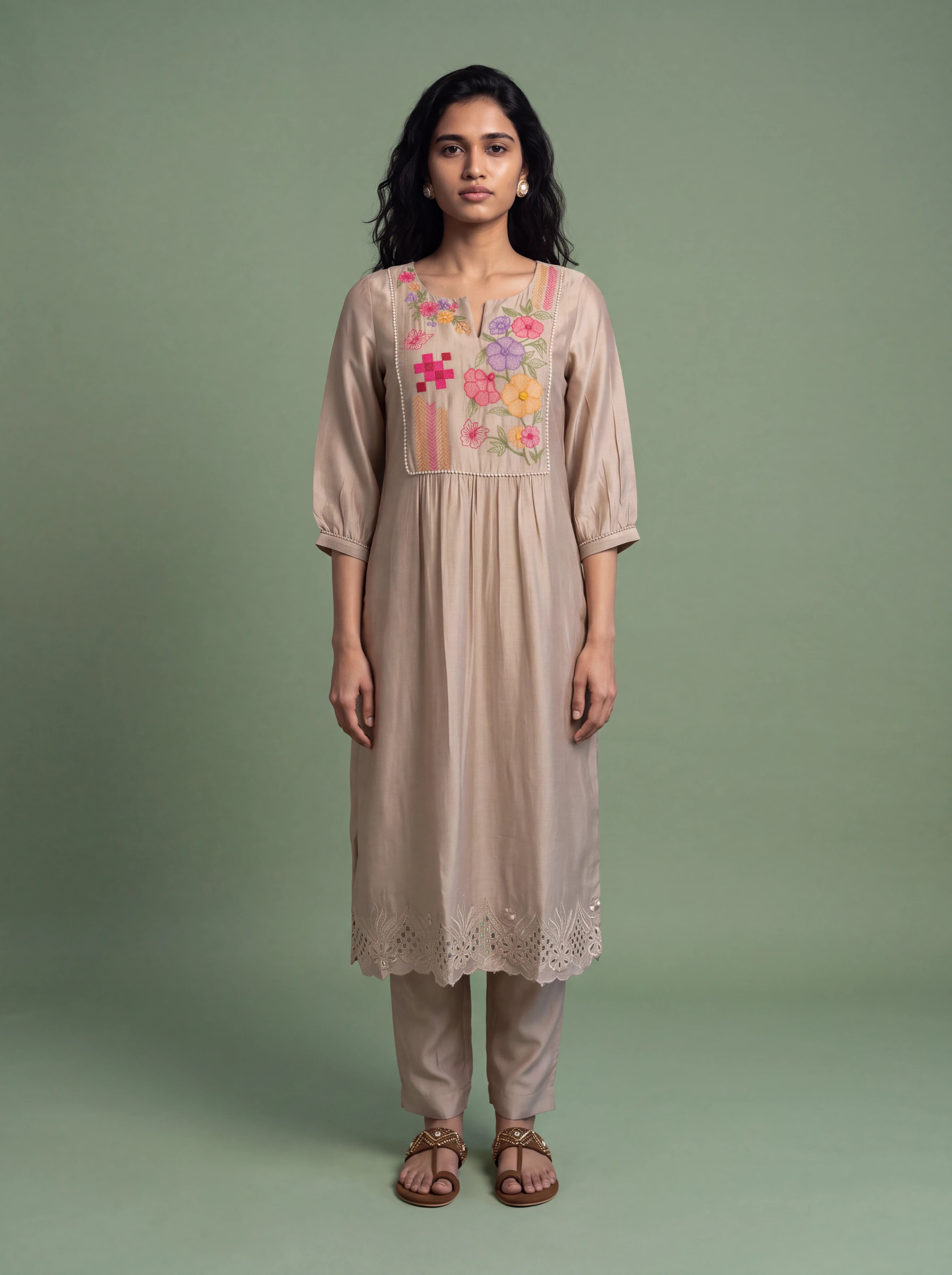 Beige chanderi salwar suit with multicolour thread and sequins work Secondary image