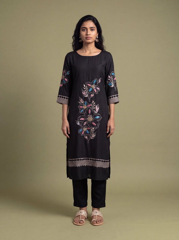 Black floral semi-tussar salwar suit with khat and French knot embroidery