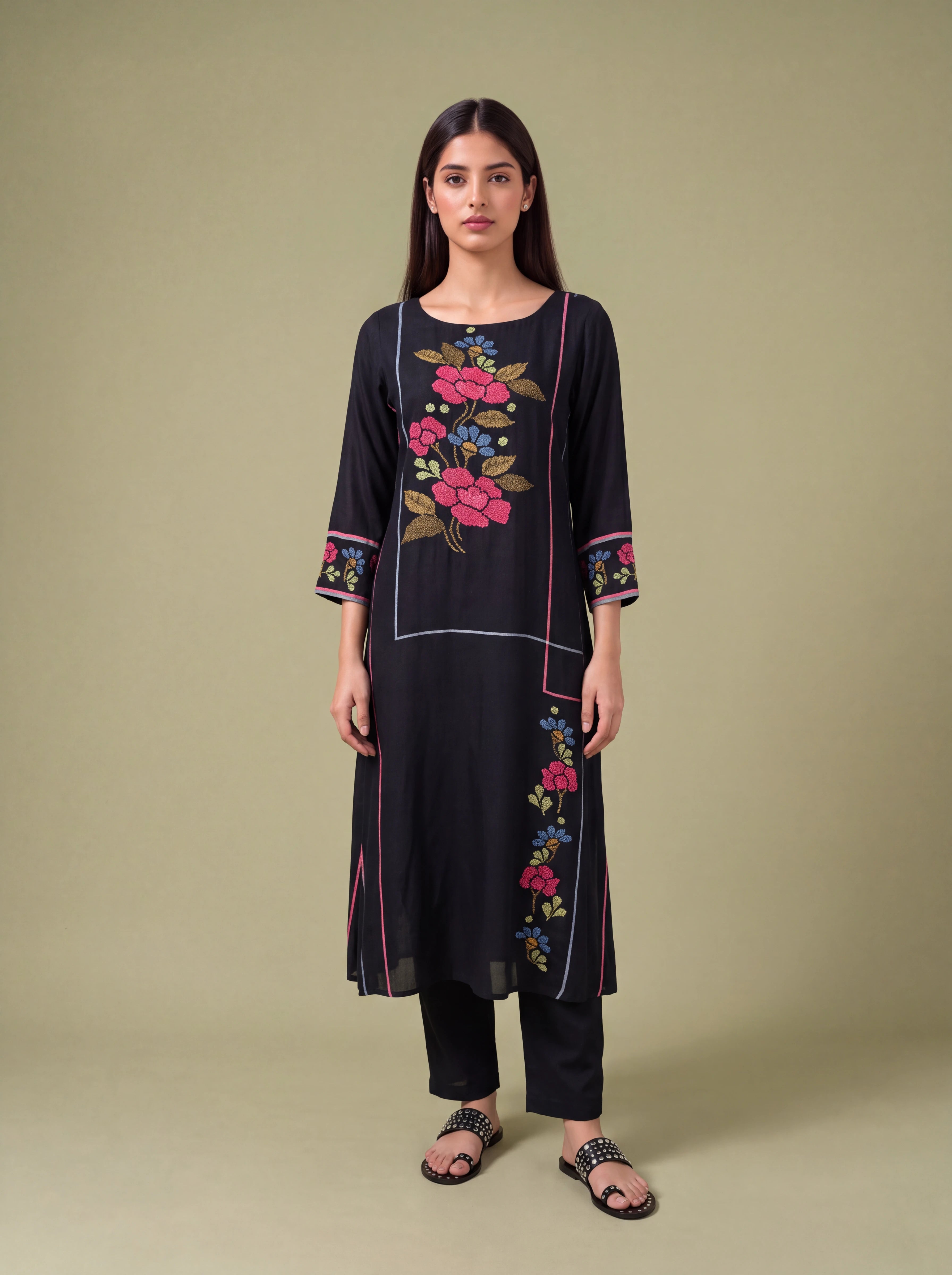Black semi tussar hand embroidery salwar suit Secondary image