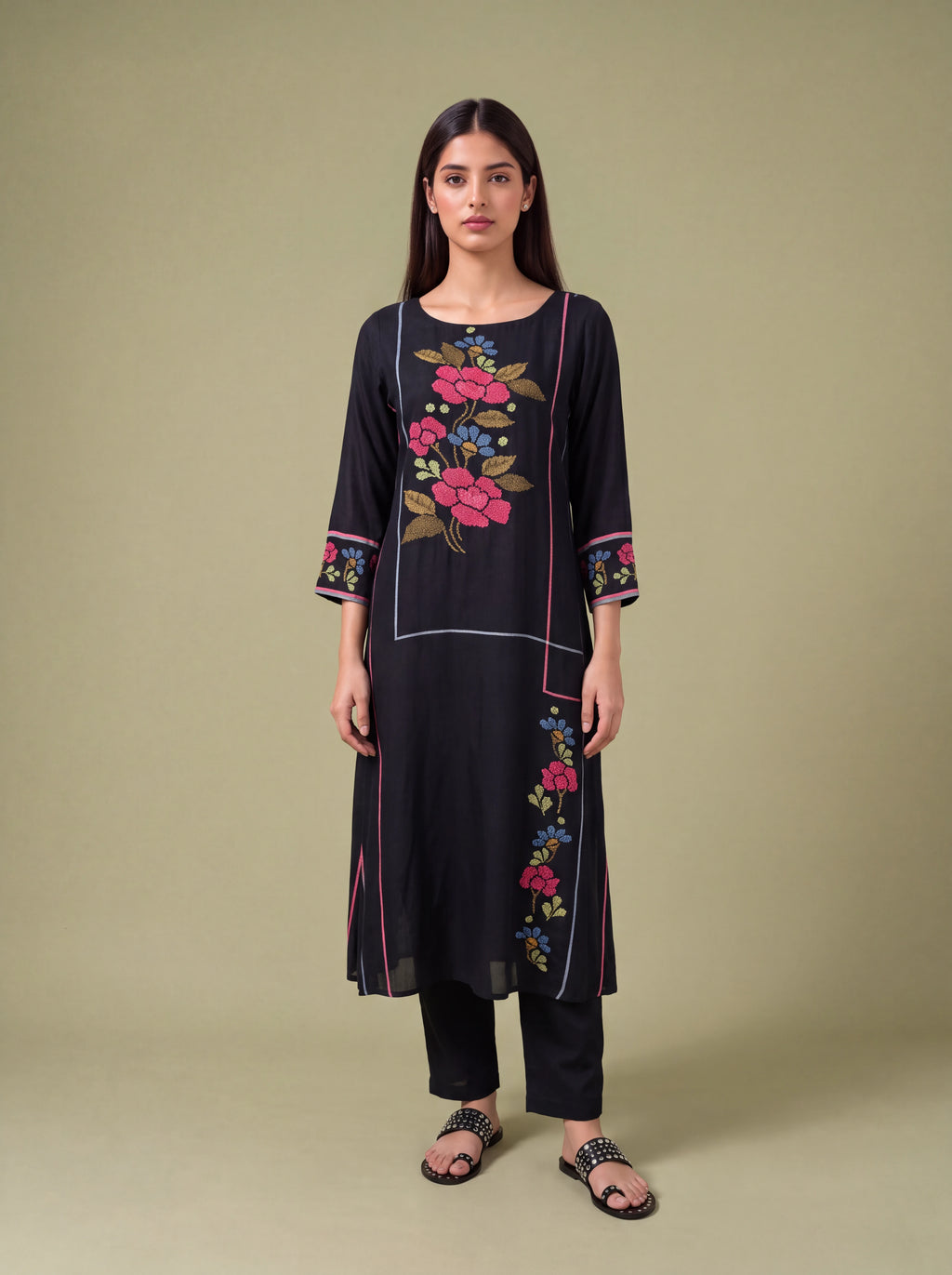 Black semi tussar hand embroidery salwar suit