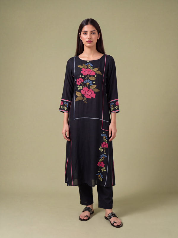 Black semi tussar hand embroidery salwar suit