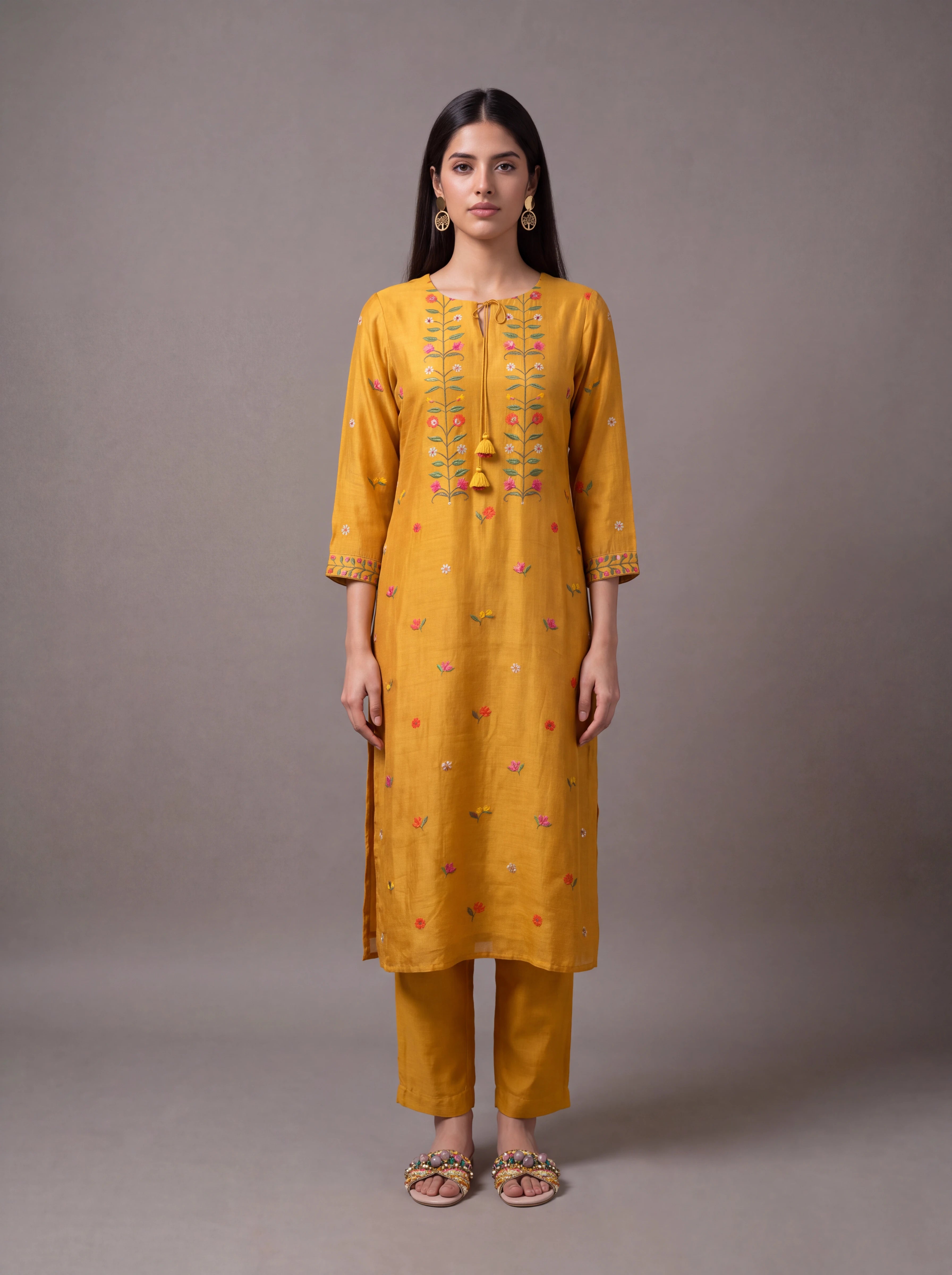 Mustard cotton silk salwar suit with sequins and thread embroidery Secondary image