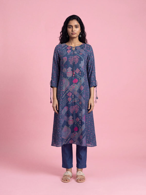 Blue cotton-silk kurta set with khat and kardana embroidery