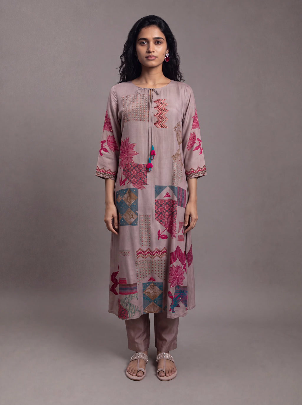 Mauve semi tussar thread and sequins embroidery salwar suit