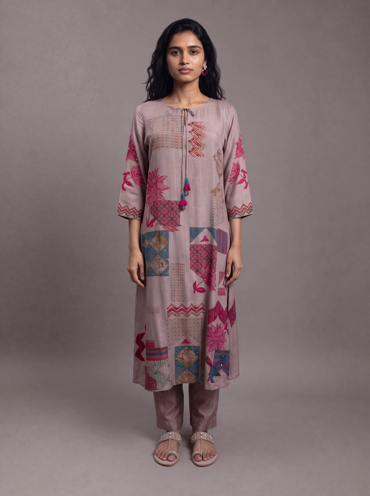 Mauve semi tussar thread and sequins embroidery salwar suit