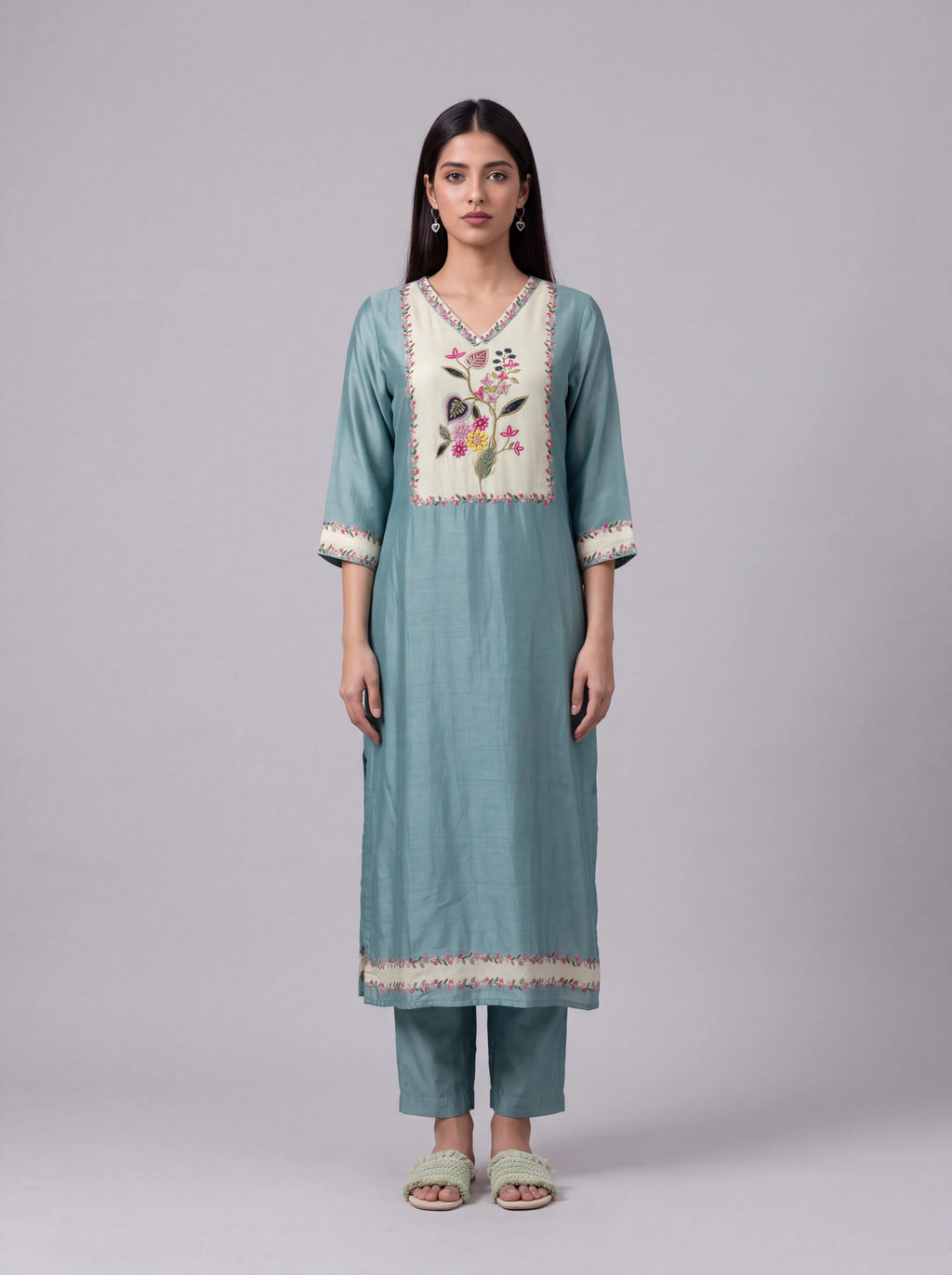 Mint tussar salwar suit with kardana embroidery