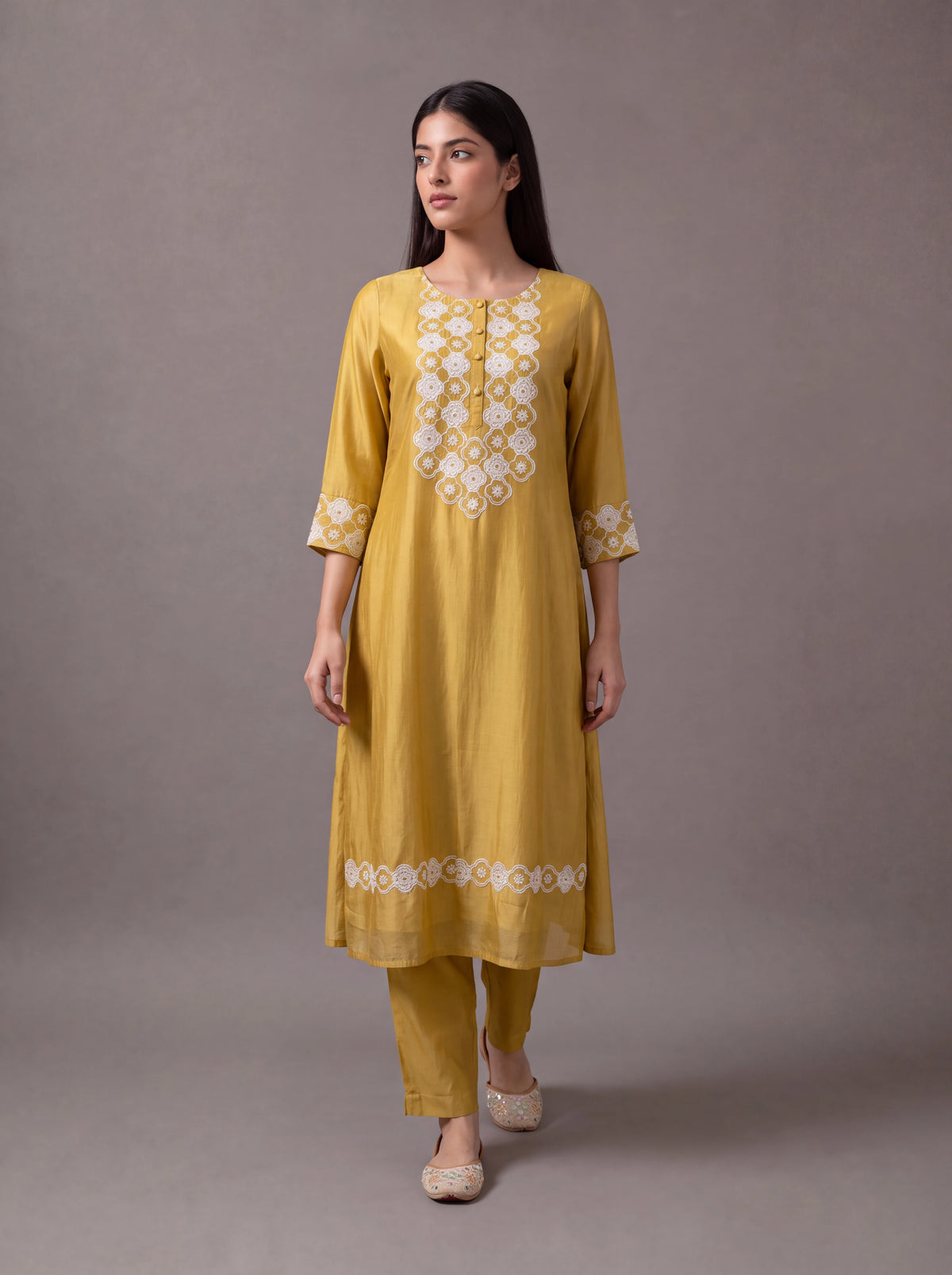 Mustard chanderi kurta set with floral patchwork and khat embroidery Main image