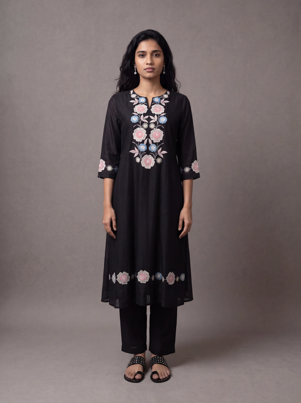 Black chanderi kurta set with floral patchwork and khat embroidery