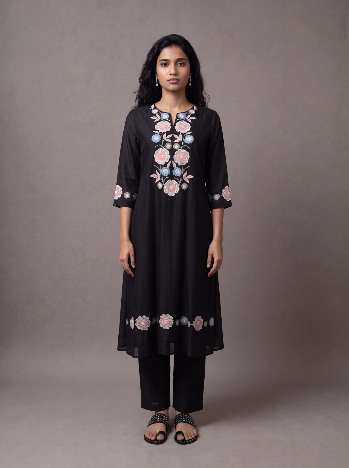 Black chanderi kurta set with floral patchwork and khat embroidery Main image