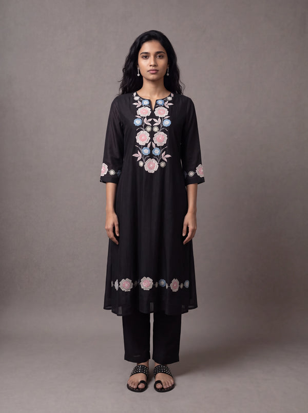 Black chanderi kurta set with floral patchwork and khat embroidery