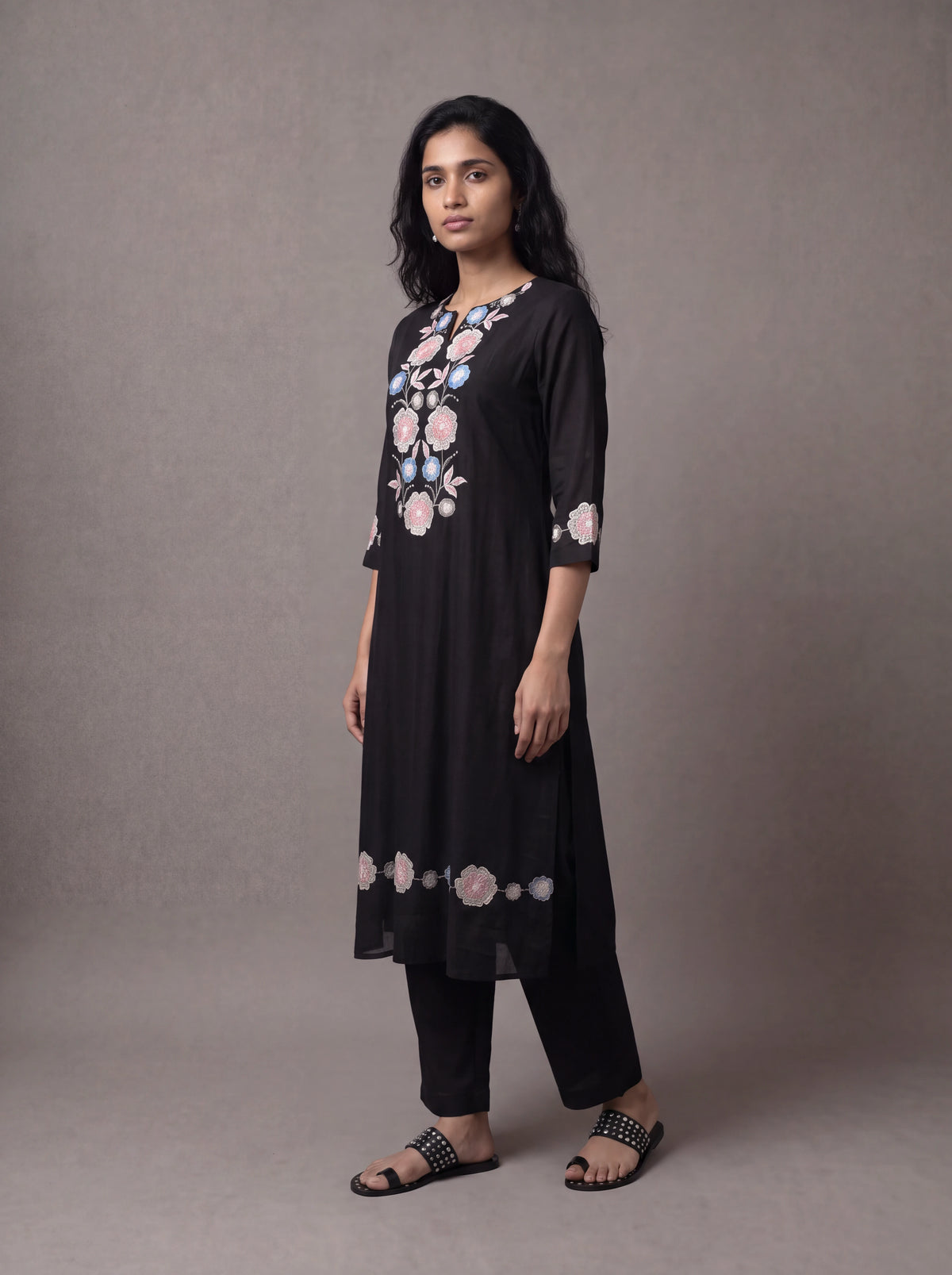 Black chanderi kurta set with floral patchwork and khat embroidery