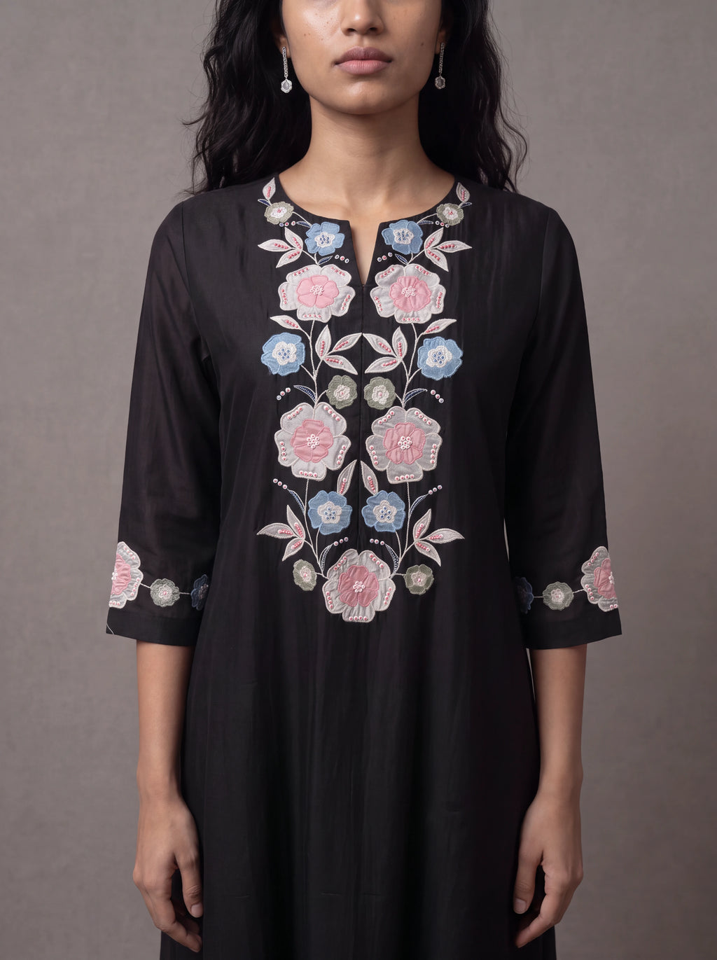 Black chanderi kurta set with floral patchwork and khat embroidery