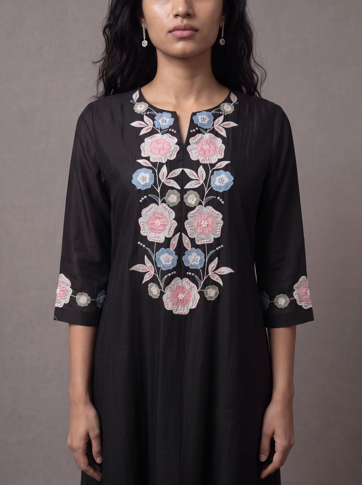 Black chanderi kurta set with floral patchwork and khat embroidery