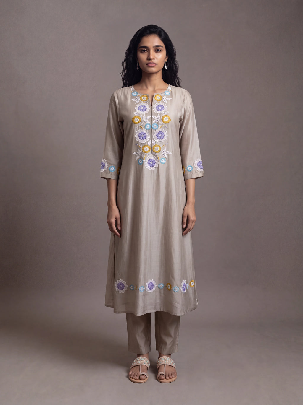 Grey chanderi kurta set with floral patchwork and khat embroidery