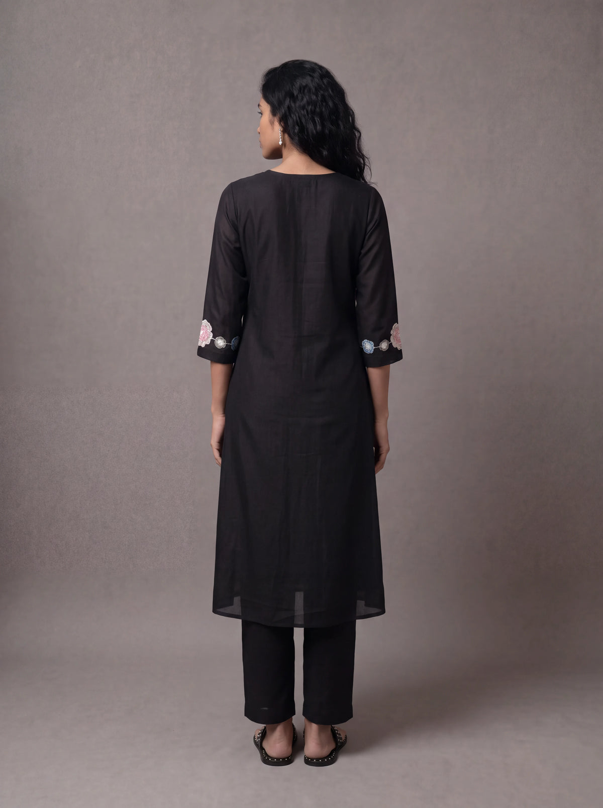 Black chanderi kurta set with floral patchwork and khat embroidery