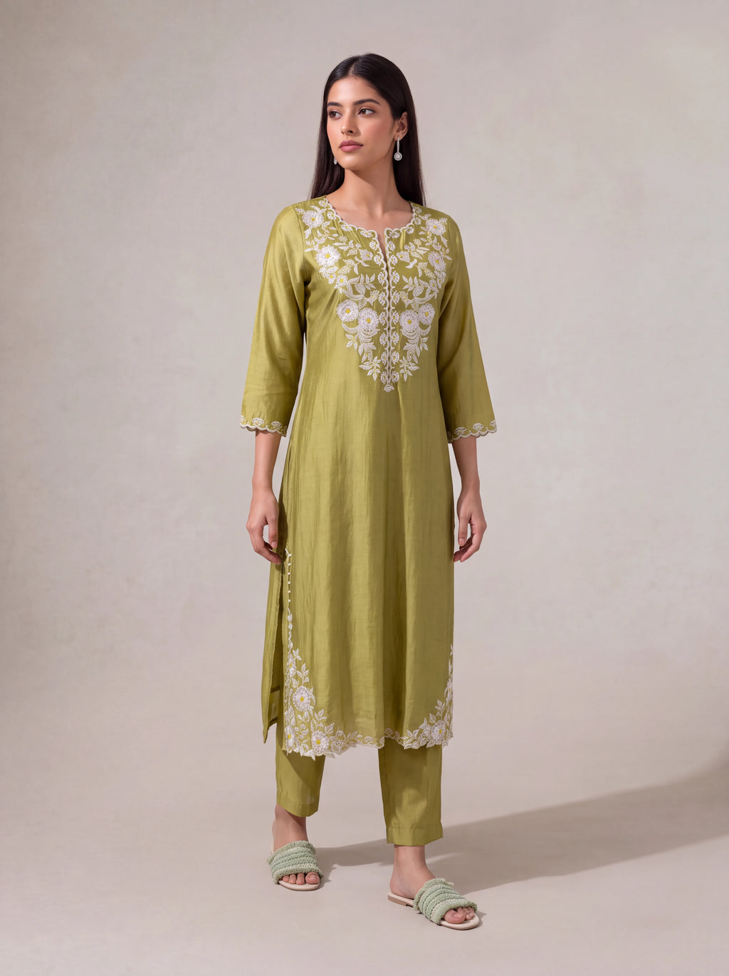 Olive-green chanderi kurta set with floral khat embroidery