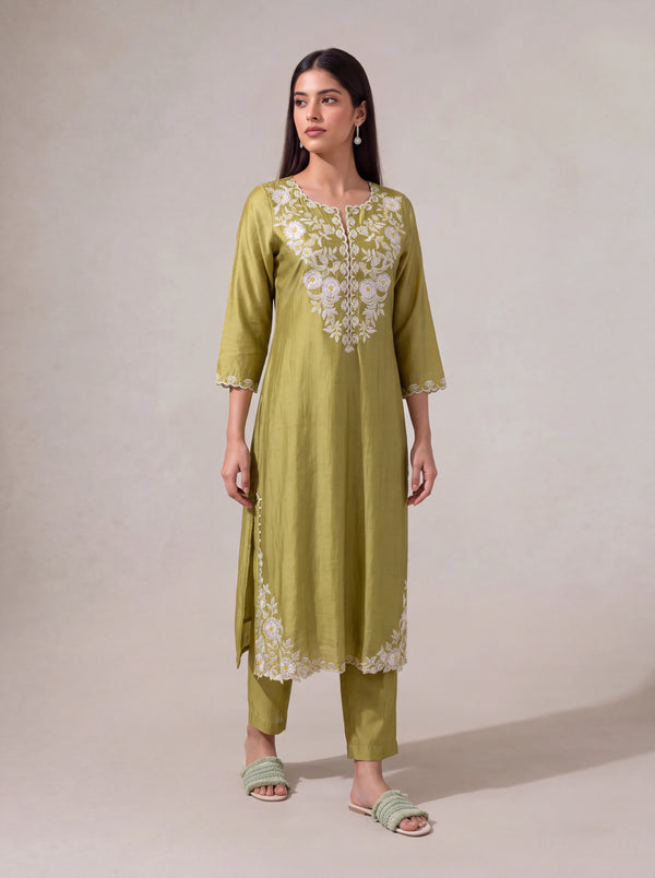Olive-green chanderi kurta set with floral khat embroidery