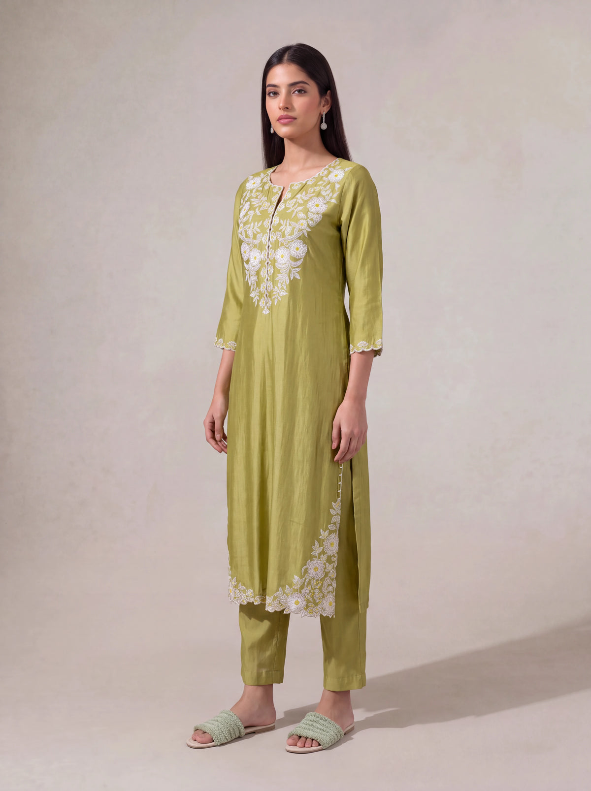 Olive-green chanderi kurta set with floral khat embroidery