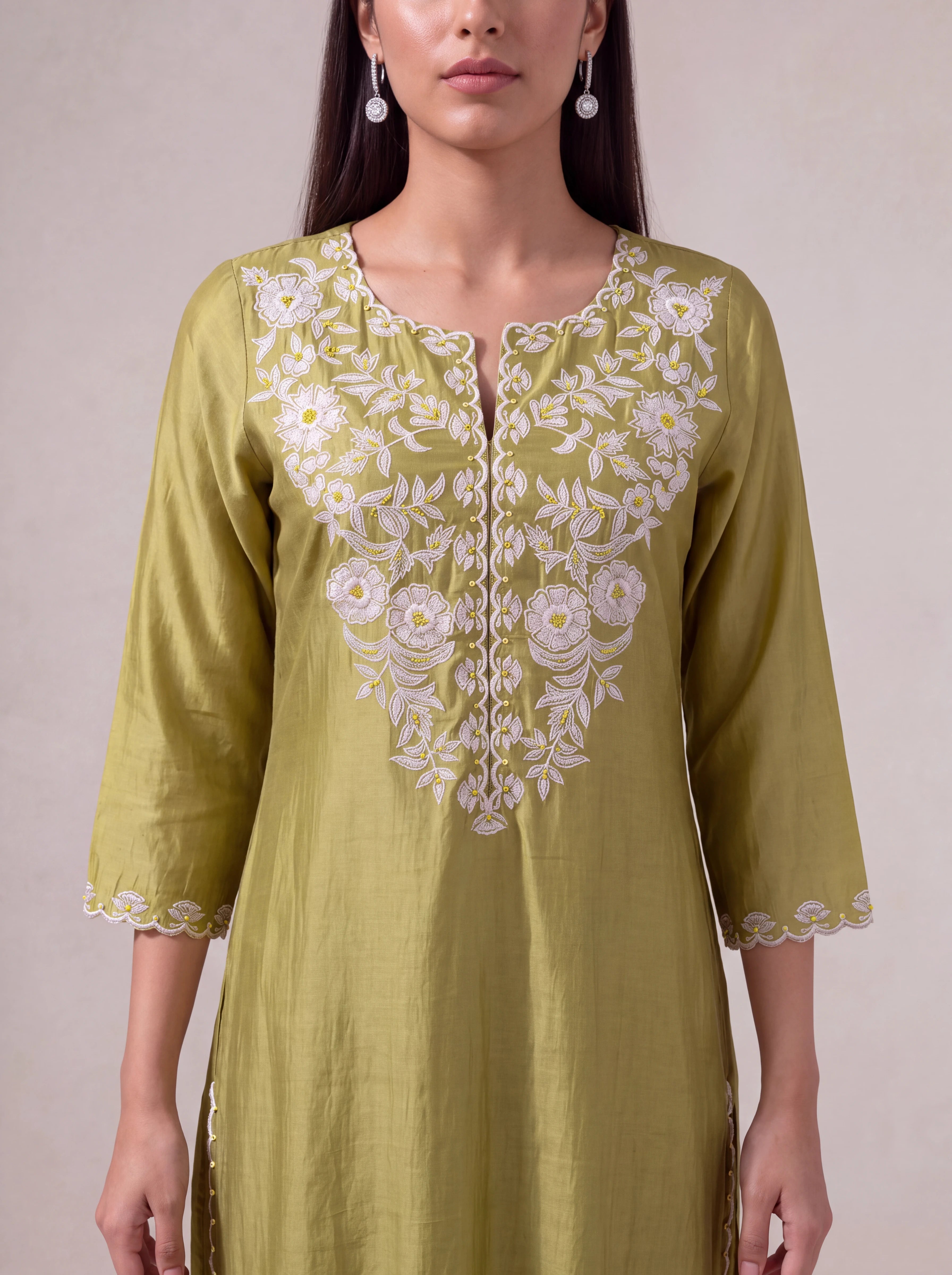 Olive-green chanderi kurta set with floral khat embroidery Secondary image