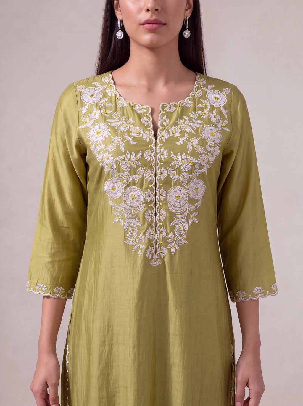 Olive-green chanderi kurta set with floral khat embroidery